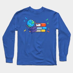 Globe, Graduation Hat And Books Cartoon Long Sleeve T-Shirt